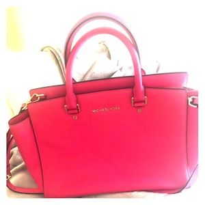 Selma Med Saffiano Leather Satchel fuchsia